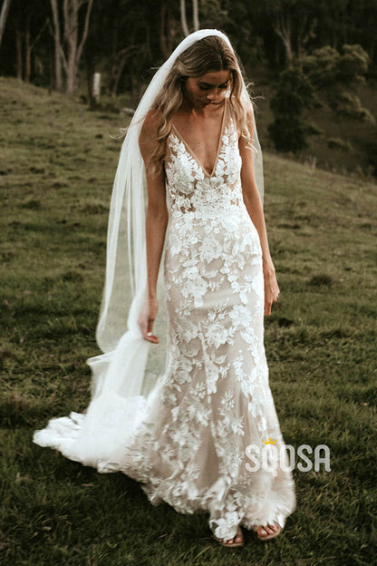 Attractive V-neck Exquisite Lace Wedding Dress Bridal Gown QW2464|SQOSA