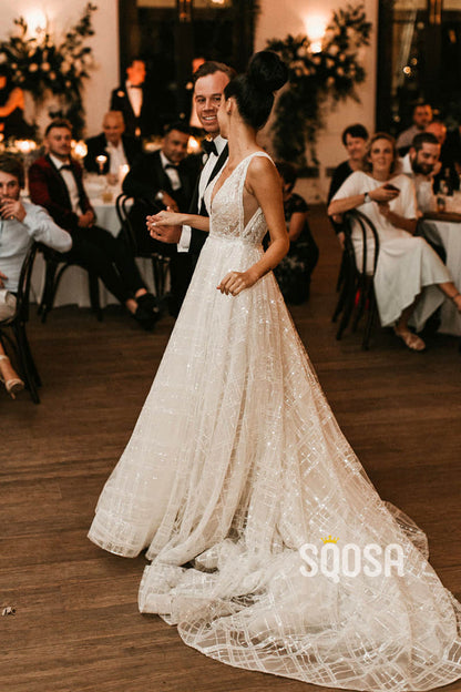 Sexy V-neck Chic Appliques Sparkly Wedding Dress Bridal Dress QW2466|SQOSA