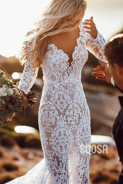 Attractive V-neck Lace Long Sleeves Mermaid Wedding Dress Backless QW2469|SQOSA