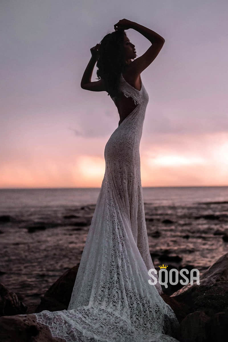 Unique Bateau High Split Exquisite Lace Bohemian Wedding Dress QW2471|SQOSA