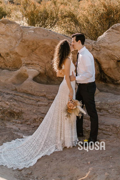 Unique Bateau High Split Exquisite Lace Bohemian Wedding Dress QW2471|SQOSA