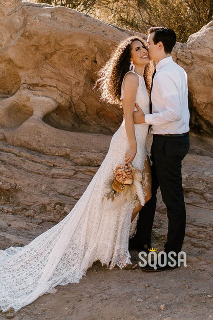 Unique Bateau High Split Exquisite Lace Bohemian Wedding Dress QW2471|SQOSA