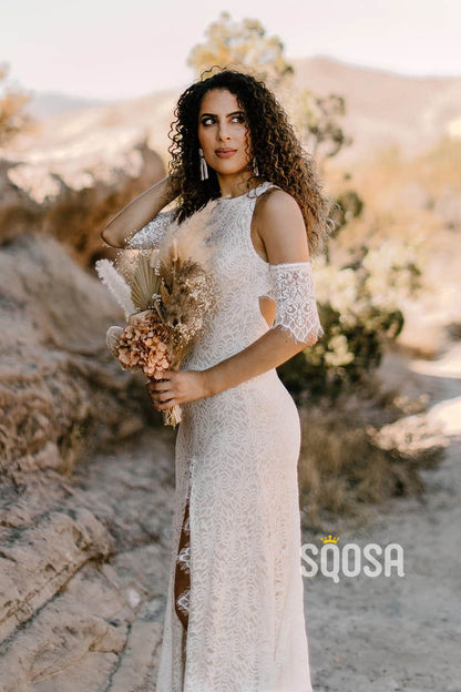 Unique Bateau High Split Exquisite Lace Bohemian Wedding Dress QW2471|SQOSA