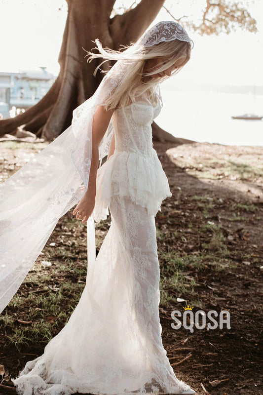 Sheath/Column Sweetheart Illusion Lace Bohemian Wedding Dress QW2474|SQOSA