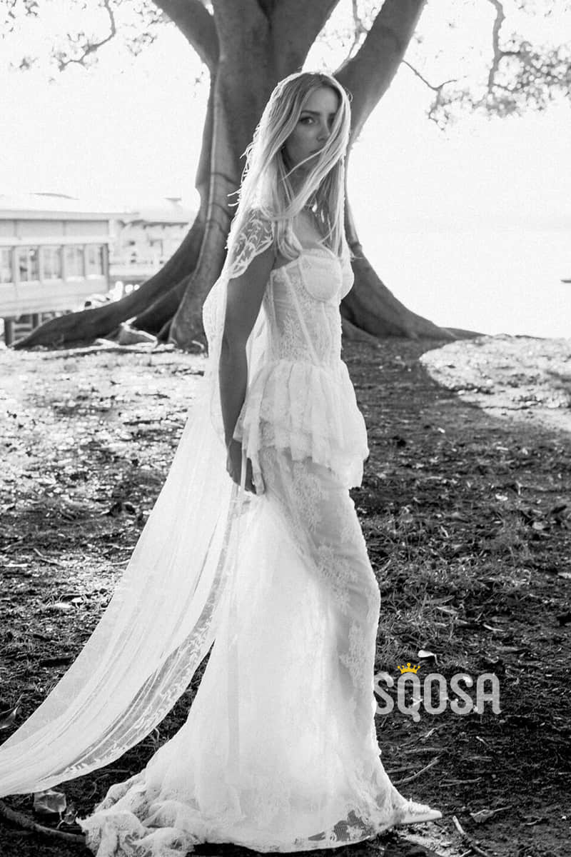 Sheath/Column Sweetheart Illusion Lace Bohemian Wedding Dress QW2474|SQOSA