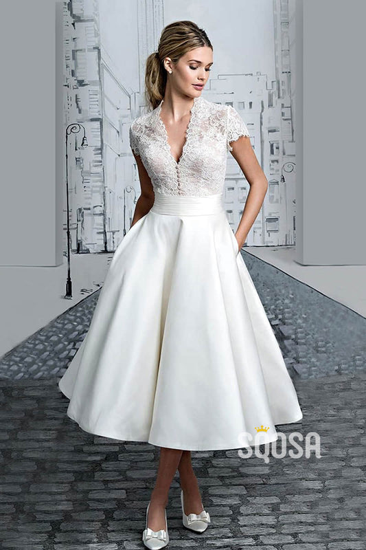 Sexy V-neck Cap Sleeves Lace Bodice Tea Length Beach Wedding Dress with Pockets QW2477|SQOSA