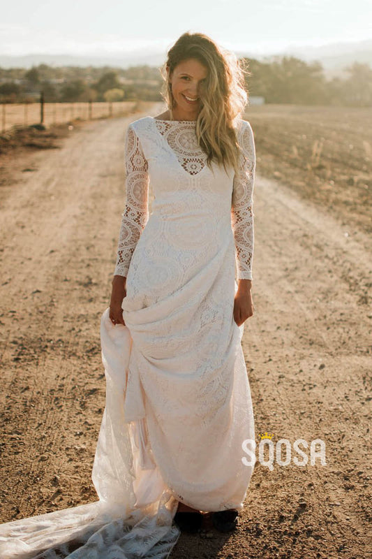 Ivory Exquisite Lace Long Sleeves Bohemian Wedding Dress Backless QW2486|SQOSA