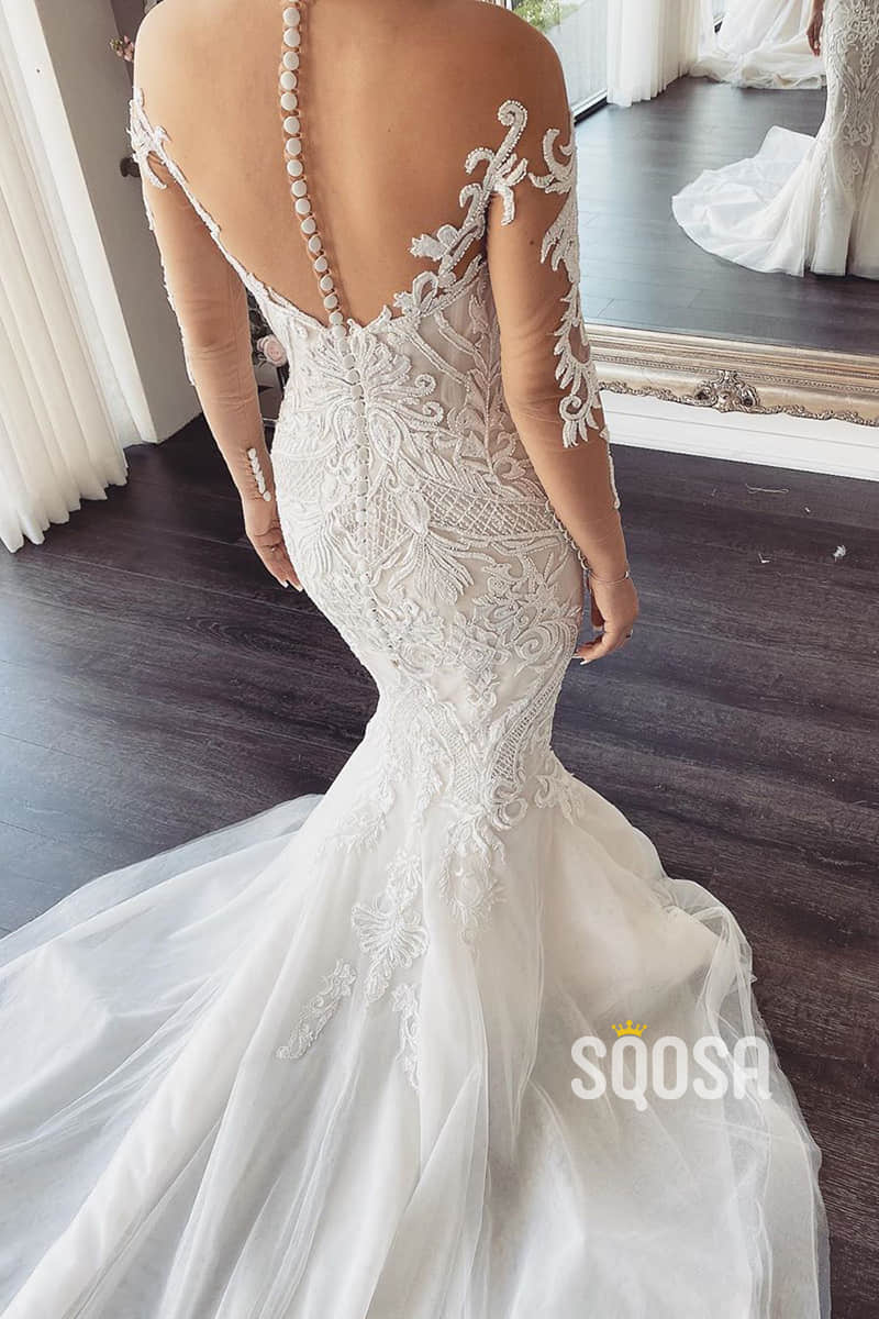 Unique Illusion Neckline Luxury Lace Appliques Mermaid Wedding Dress QW2487|SQOSA