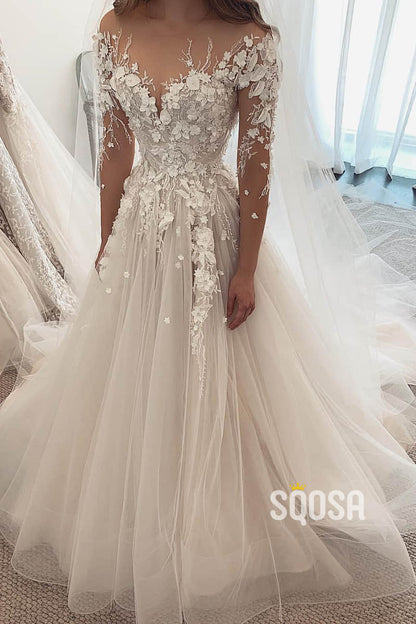 Ivory 3D Lace Sexy Illusion Neckline Long Sleeves Rustic Wedding Dress QW2488|SQOSA