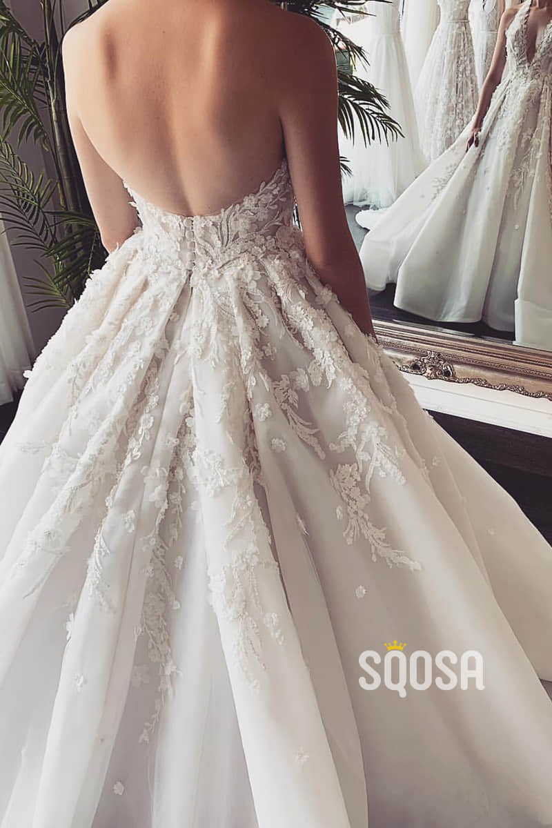 Attractive V-neck 3D Lace Wedding Dress Bridal Gown QW2489|SQOSA