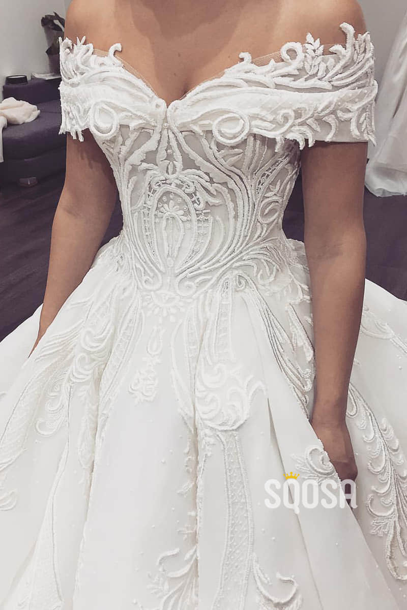 Ball Gown Unique Off-Shoulder Luxury Lace Wedding Dress QW2492|SQOSA