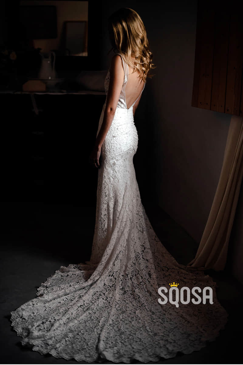 Sexy V-neck Ivory Lace Mermaid Wedding Dress Backless QW2499|SQOSA