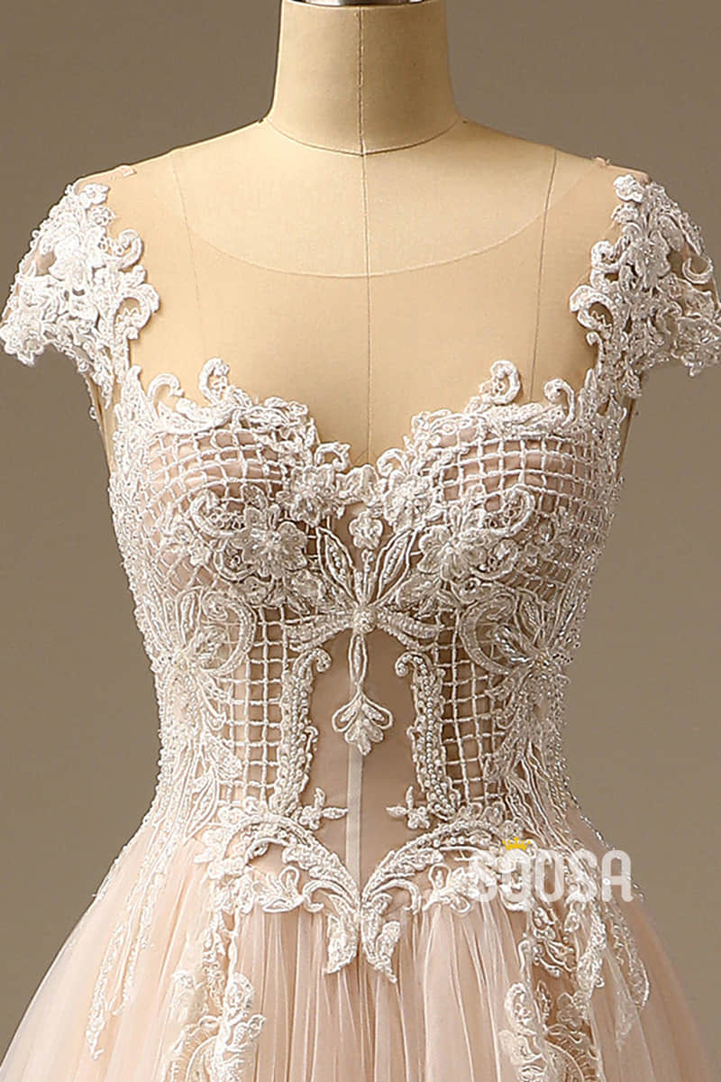 Exquisite Lace Wedding Dress Unique Cap Sleeves A-line Wedding Gown QW2503|SQOSA