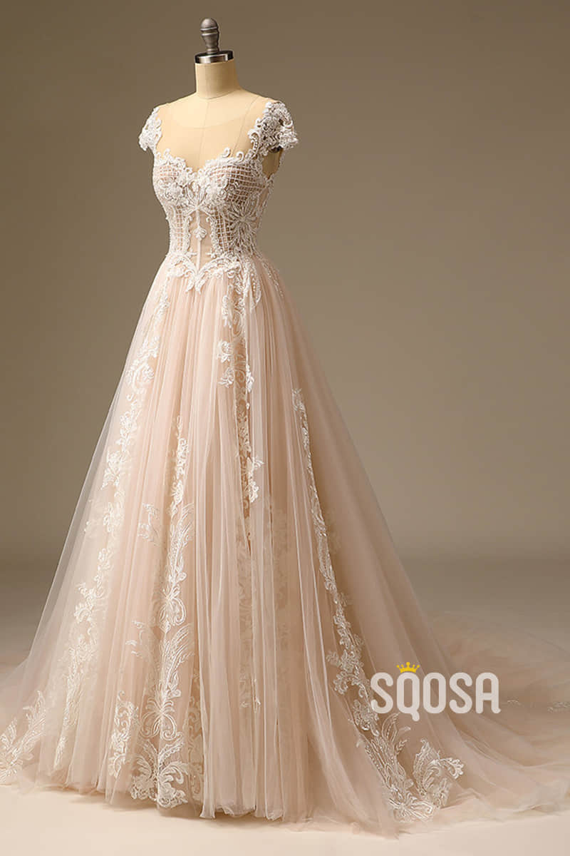 Exquisite Lace Wedding Dress Unique Cap Sleeves A-line Wedding Gown QW2503|SQOSA