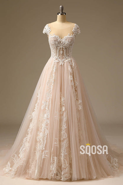 Exquisite Lace Wedding Dress Unique Cap Sleeves A-line Wedding Gown QW2503|SQOSA