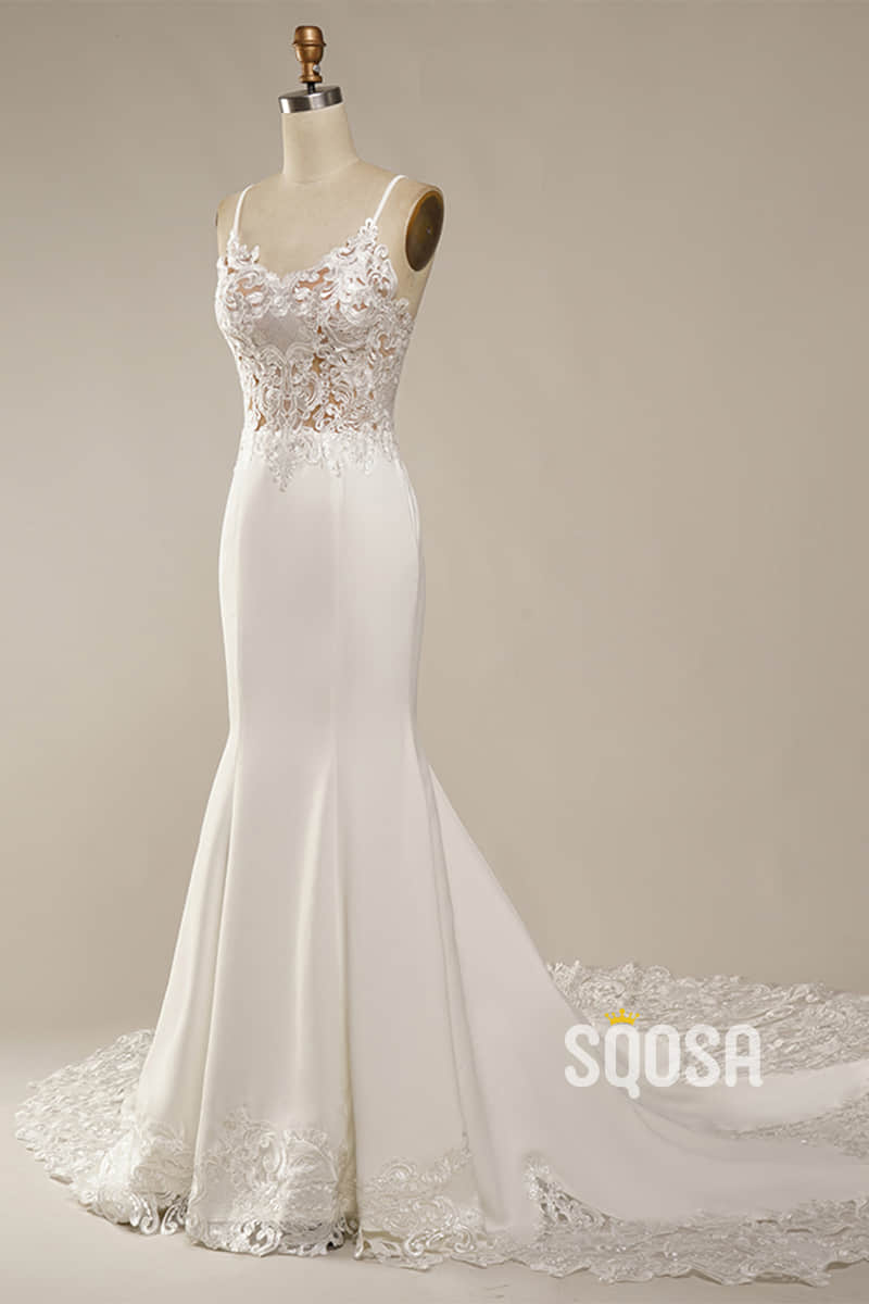 Spaghetti Straps Exquisite Lace Wedding Dress Mermaid Gown QW2519|SQOSA