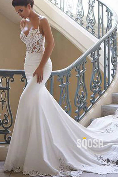 Spaghetti Straps Exquisite Lace Wedding Dress Mermaid Gown QW2519|SQOSA