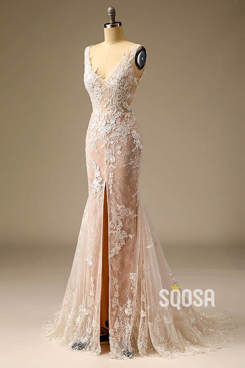 Exquisite Champagne Lace Wedding Dress V-neck Appliques Mermaid Wedding Gown QW2539|SQOSA