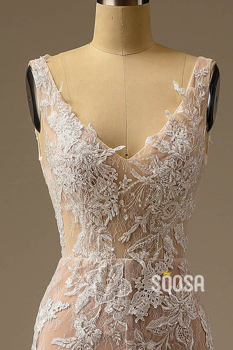 Exquisite Champagne Lace Wedding Dress V-neck Appliques Mermaid Wedding Gown QW2539|SQOSA