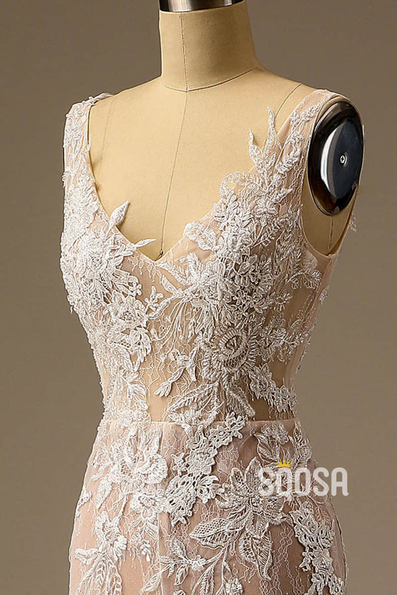 Exquisite Champagne Lace Wedding Dress V-neck Appliques Mermaid Wedding Gown QW2539|SQOSA