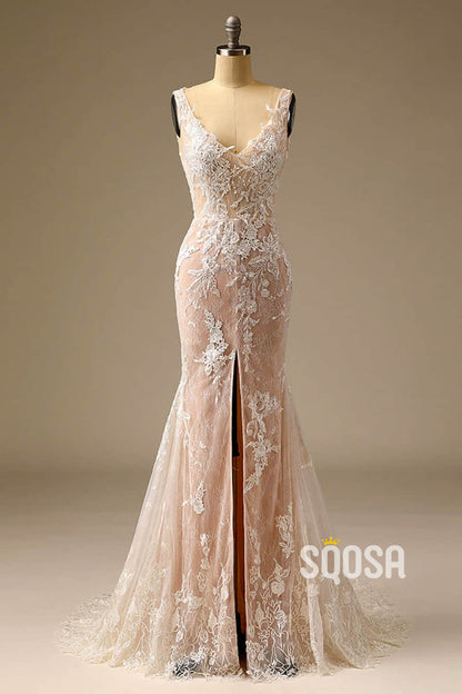 Exquisite Champagne Lace Wedding Dress V-neck Appliques Mermaid Wedding Gown QW2539|SQOSA