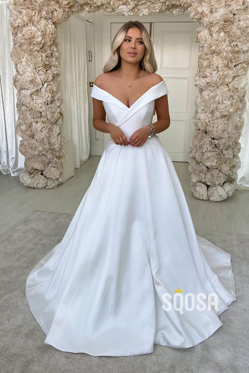 Unique Off-Shoulder Ivory Satin Simple A-line Wedding Dress QW2541|SQOSA