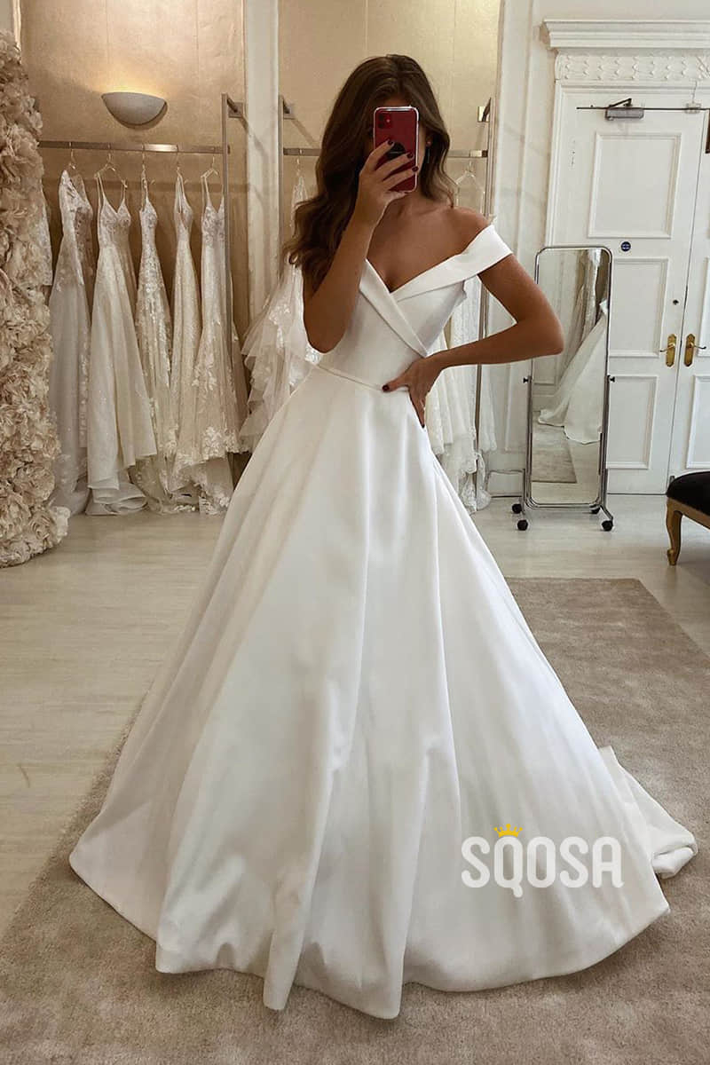 Unique Off-Shoulder Ivory Satin Simple A-line Wedding Dress QW2541|SQOSA