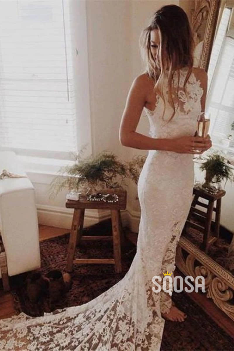 Unique Jewel Exquisite Ivory Lace Bohemian Wedding Dress with Slit QW2550|SQOSA