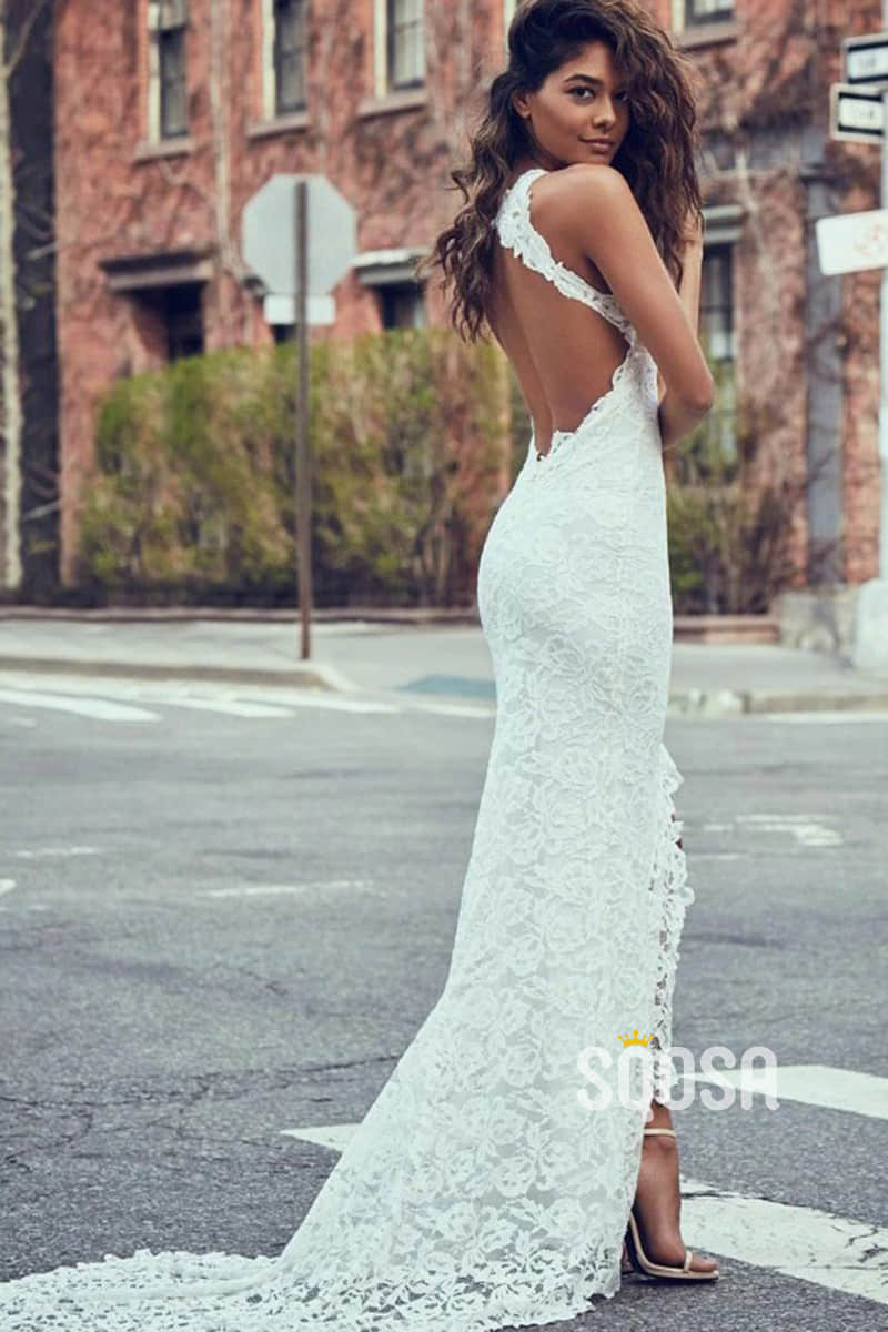 Unique Jewel Exquisite Ivory Lace Bohemian Wedding Dress with Slit QW2550|SQOSA