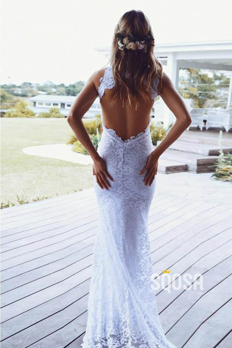 Unique Jewel Exquisite Ivory Lace Bohemian Wedding Dress with Slit QW2550|SQOSA