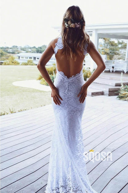 Unique Jewel Exquisite Ivory Lace Bohemian Wedding Dress with Slit QW2550|SQOSA