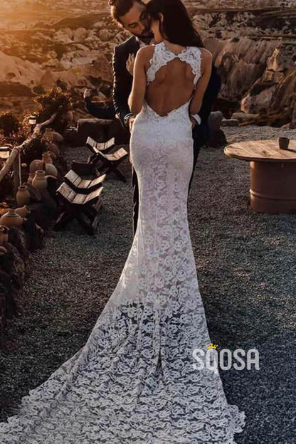 Unique Jewel Exquisite Ivory Lace Bohemian Wedding Dress with Slit QW2550|SQOSA