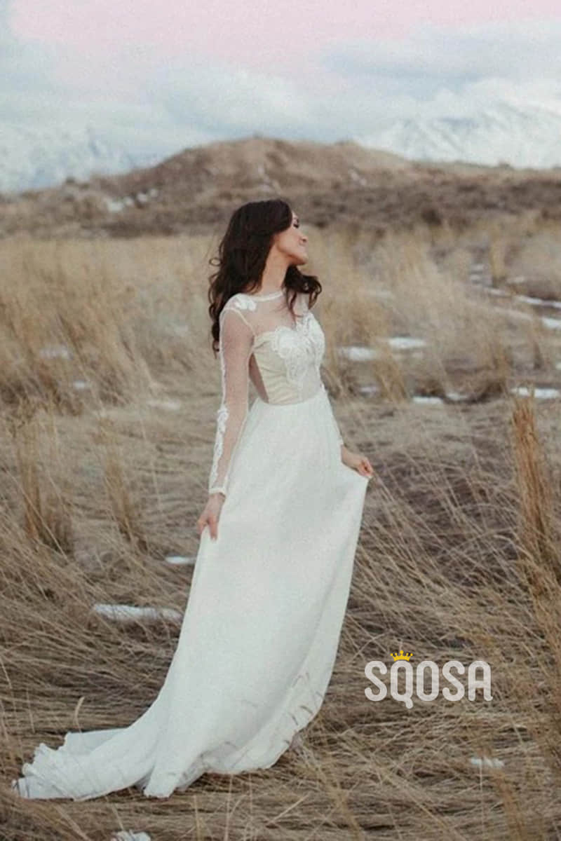 Unique Scoop Lace Appliques Long Sleeves Bohemian Wedding Dress Backless QW2551|SQOSA