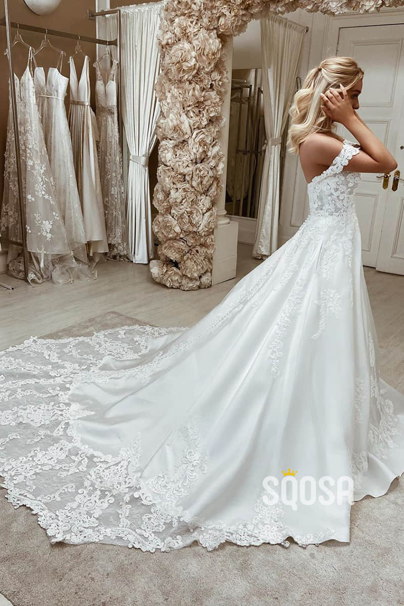 Unique Off-Shoulder Exquisite Lace Appliques A-line Wedding Dress with Court Train QW2557|SQOSA