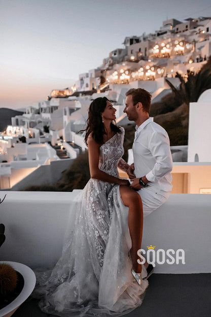 Unique One Shoulder Allover Lace Bohemian Wedding Dress with Split QW2633|SQOSA