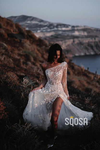 Unique One Shoulder Allover Lace Bohemian Wedding Dress with Split QW2633|SQOSA