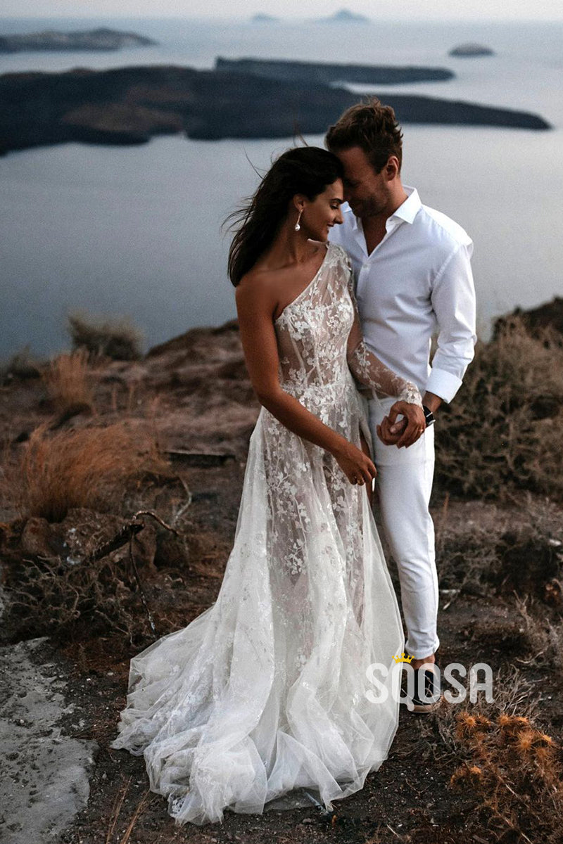 Unique One Shoulder Allover Lace Bohemian Wedding Dress with Split QW2633|SQOSA