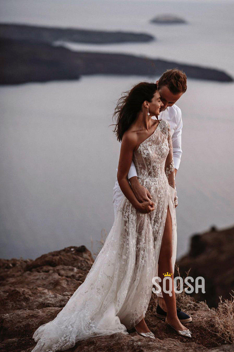 Unique One Shoulder Allover Lace Bohemian Wedding Dress with Split QW2633|SQOSA