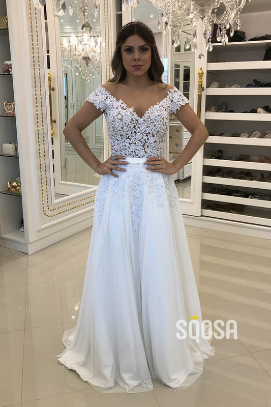 A-line Cap Sleeves Chiffon Appliques Beaded Wedding Dress Bridal Gown QW2222|SQOSA