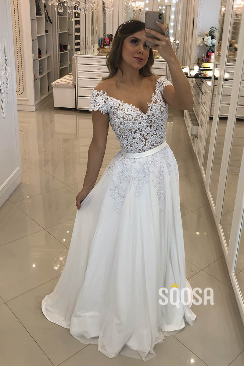 A-line Cap Sleeves Chiffon Appliques Beaded Wedding Dress Bridal Gown QW2222|SQOSA