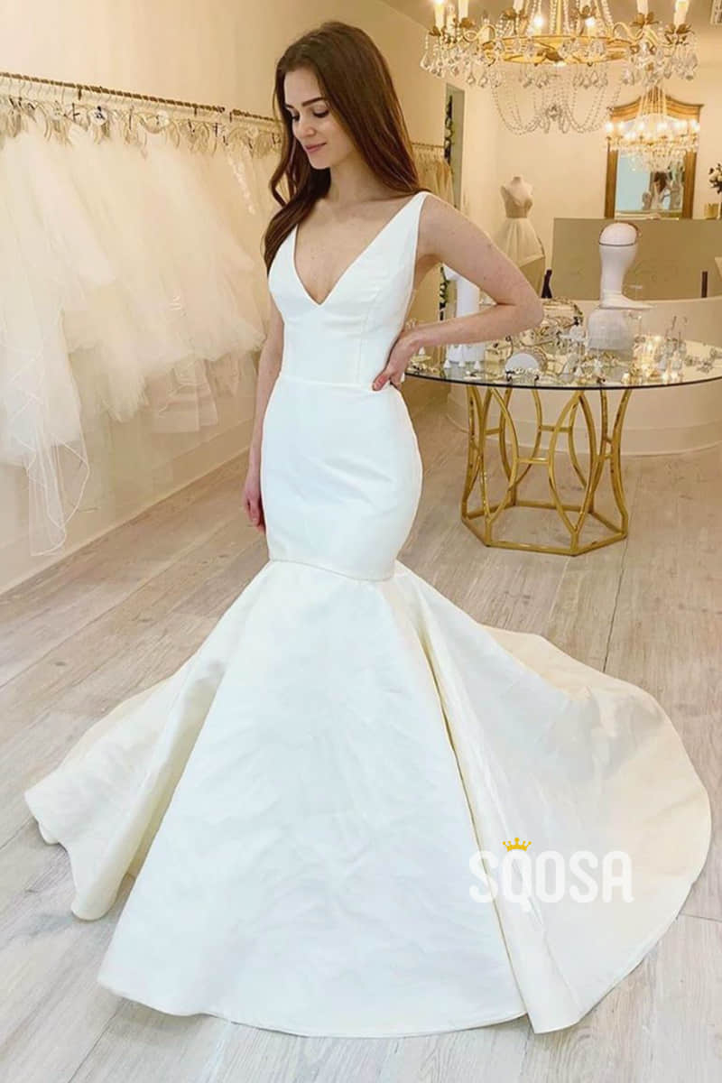 Mermaid/Trumpet Wedding Dress Double Straps V-neck Rustic Wedding Gowns QW2224|SQOSA