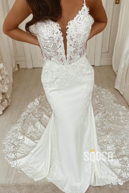 Mermaid/Trumpet Wedding Dress Spaghetti Straps Lace Appliques Rustic Wedding Gown QW2247|SQOSA