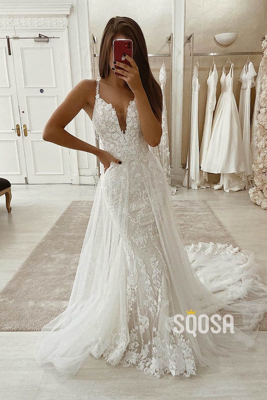 Mermaid/Trumpet Wedding DressDouble Straps V-neck Lace Wedding Gown QW2251|SQOSA