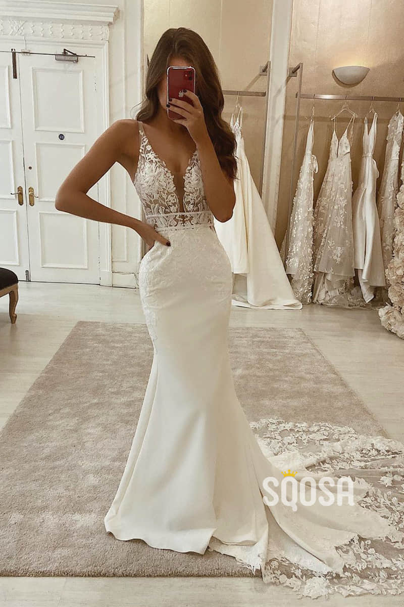 Mermaid/Trumpet Attractive V-neck Appliques Rustic Wedding Dress QW2253|SQOSA