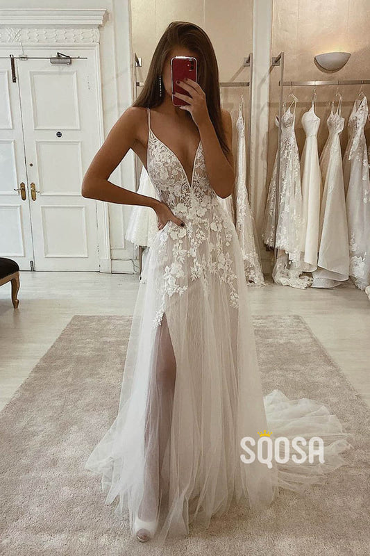 A-line Attractive V-neck Tulle Appliques Bohemian Wedding Dress QW2255|SQOSA