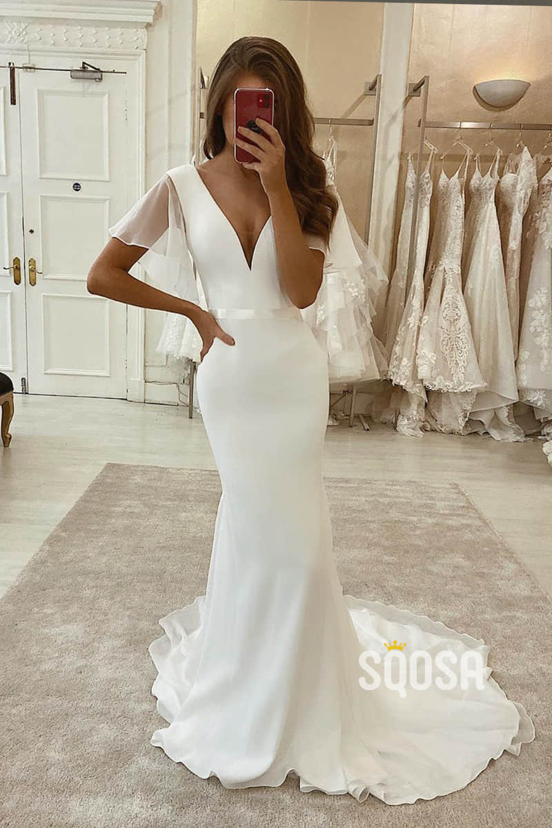 Mermaid/Trumpet Attractive V-neck Short Sleeves Rustic Wedding Dress Bridal Gown QW2256|SQOSA