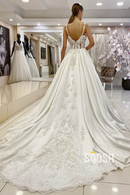 Ball Gown Spaghetti Straps Satin Appliques Rustic Wedding Dress Bridal Gown QW2258|SQOSA