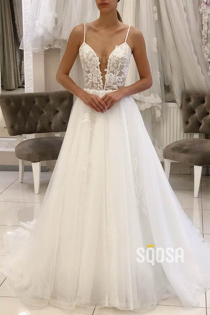 A-Line Spaghetti Straps Tulle Appliques Rustic Wedding Dress QW2259|SQOSA