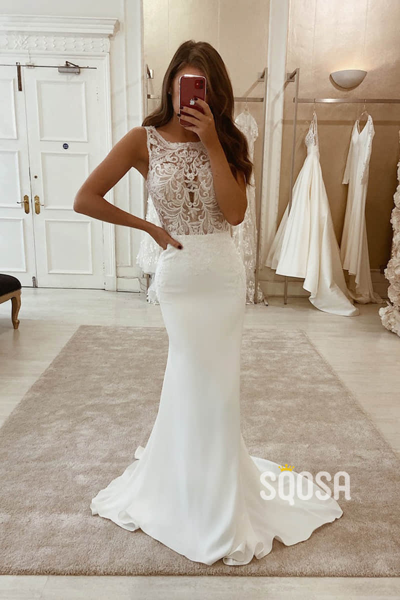 Mermaid/Trumpet Wedding Dress Chic Bateau Appliques Rustic Wedding Gown QW2277|SQOSA