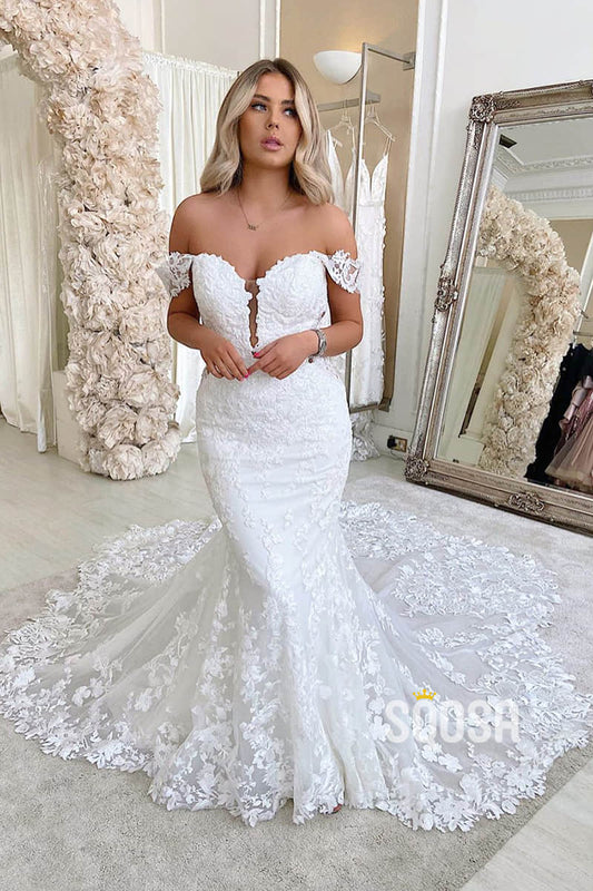 Mermaid/Trumpet Wedding Dress Chic Off-Shoulder Lace Wedding Gowns QW2296|SQOSA